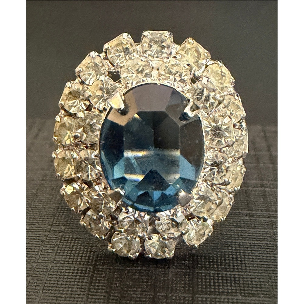 Vintage Rhinestone Ring Blue Silver Tone Adjustable